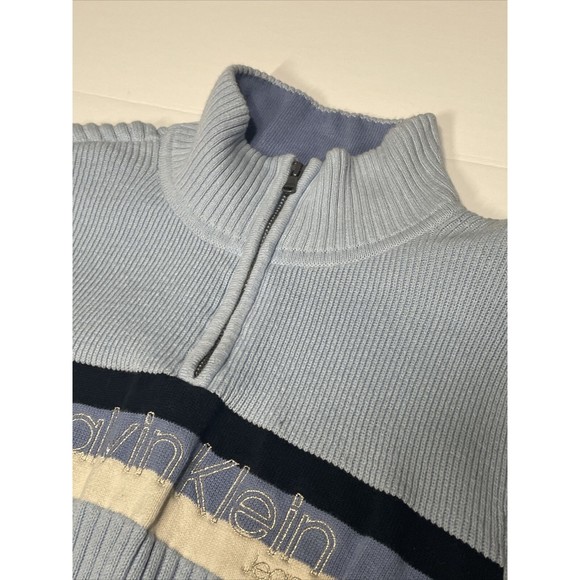 Calvin Klein Vintage Y2K Light Blue Striped Ribbed Quarter Zip Pullover Sweater - Picture 7 of 8